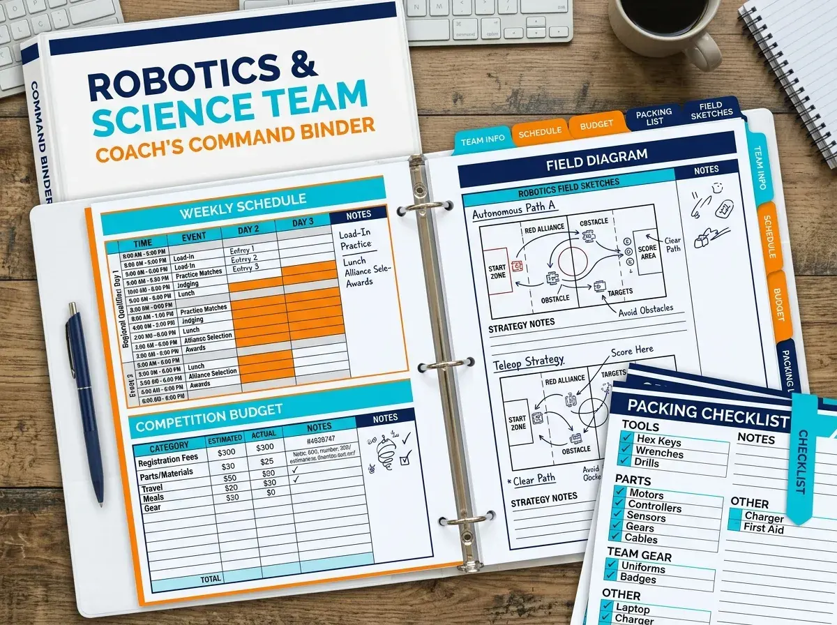 Printed STEM team binder with labeled packet tabs